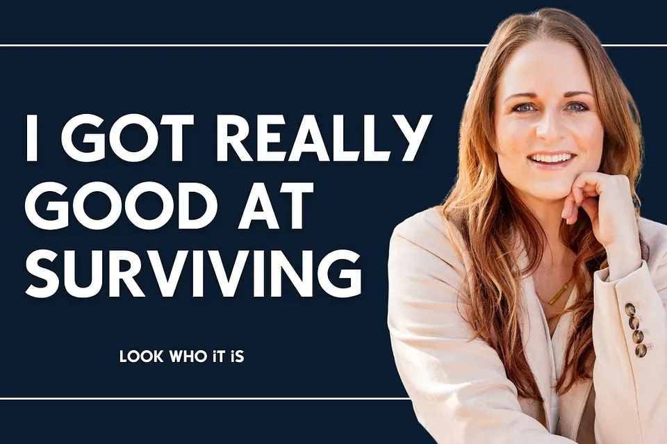 Nicole Roundy beside text reading “I GOT REALLY GOOD AT SURVIVING” for Look Who It Is